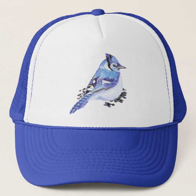 Watercolor Blue Jay Bird Wildlife Nature Art Trucker Hat (Front)