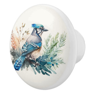 Watercolor Blue Jay Pine Branch Ceramic Knob