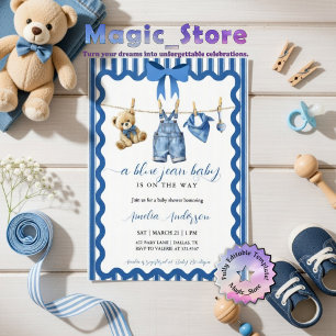 Watercolor Blue Jean Baby Clothesline Baby Shower Invitation