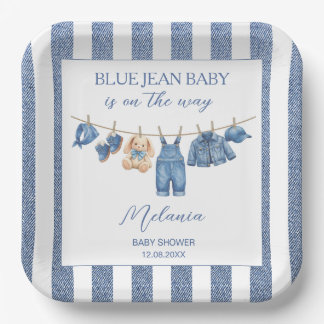   Watercolor Blue jean denim western baby shower  Paper Plate