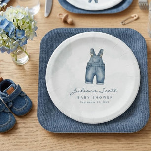 Watercolor Blue Jeans Baby Shower Denim  Paper Plate