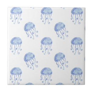 watercolor blue jellyfish beach design tile