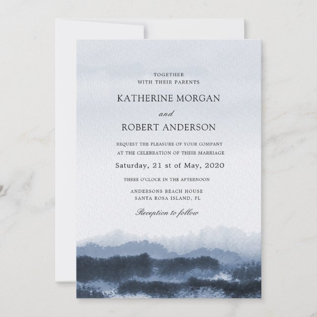 Watercolor blue landscape nature inspired Wedding Invitation (Front)