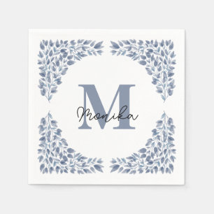 Watercolor Blue Leaves bundle Letter M Monogram  Napkin