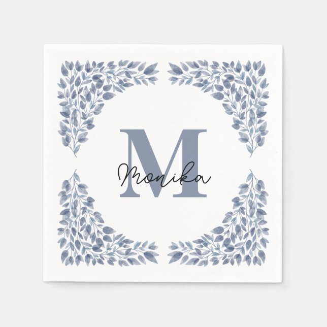 Watercolor Blue Leaves bundle Letter M Monogram  Napkin (Front)