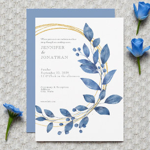 Watercolor Blue Leaves Gold Wedding Invitation