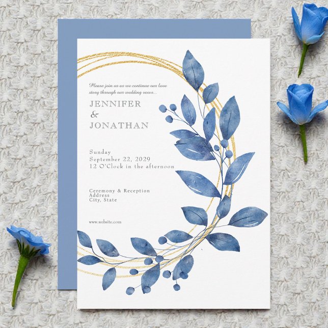 Watercolor Blue Leaves Gold Wedding Invitation (Creator Uploaded)