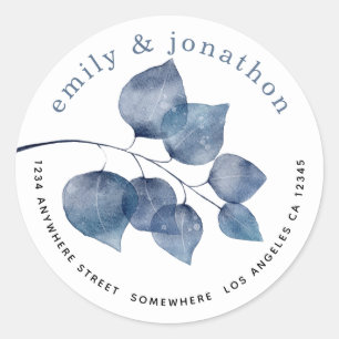 Watercolor Blue Leaves Names Return Address Classic Round Sticker