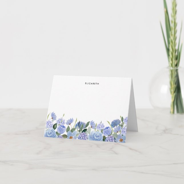 Watercolor Blue Lilac Hydrangeas Personalized Note Card (Front)