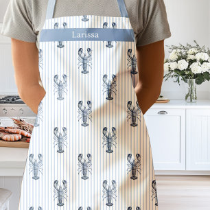 Watercolor Blue Lobster Stripe Coastal   Apron