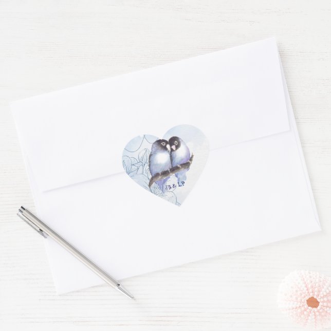 Watercolor Blue Lovebirds, Bird Heart Monogram He Heart Sticker (Envelope)