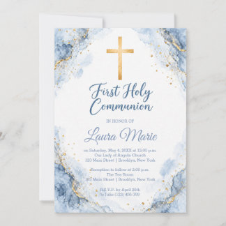 Watercolor Blue Marble First Holy Communion Invitation