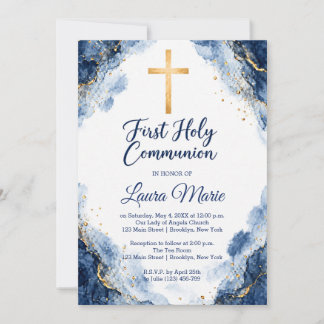 Watercolor Blue Marble First Holy Communion Invitation