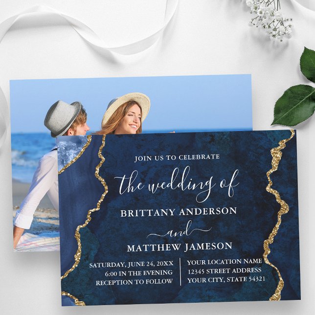 Watercolor Blue Marble Gold Photo Wedding Invitation (Customize to change text size or text style.)