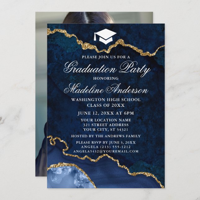 Watercolor Blue Marble Graduation Party Photo Invitation (Front/Back)