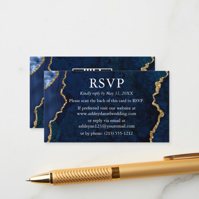 Watercolor Blue Marble Wedding RSVP QR Back Enclosure Card (Front/Back In Situ)