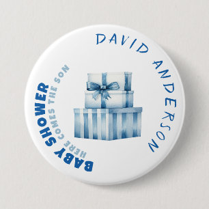 Watercolor blue minimalist baby shower boy 3 inch round button