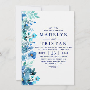 Watercolor Blue Minimalist Rustic Floral Wedding Invitation