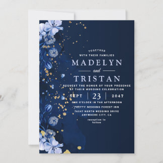 Watercolor Blue Minimalist Rustic Floral Wedding Invitation