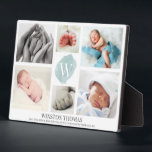 Watercolor Blue Monogram Photo Collage Boy Birth Plaque<br><div class="desc">Remember the arrival of your newborn baby boy with a stylish 6 photos collage,  decorated with a monogram on blue watercolor background in the middle and customizable baby name and birth stats at the bottom.  If you need help personalizing this birth announcement drop us a line at the messenger.</div>