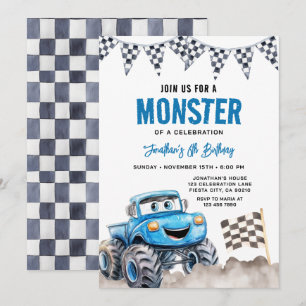Watercolor Blue Monster Truck Birthday Race Party Invitation