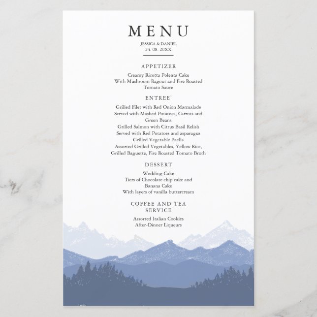 Watercolor Blue Mountain Wedding Menu (Front)