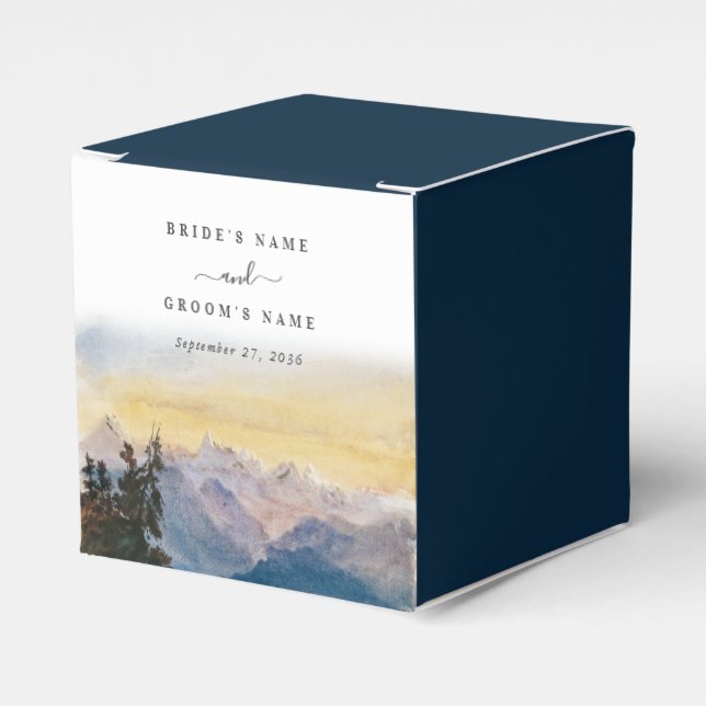Watercolor Blue Mountains Pine Wedding Favor Box (Front Side)