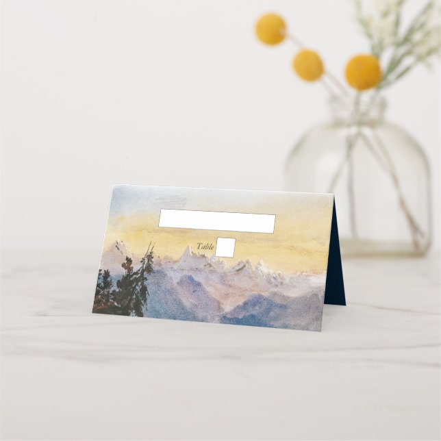 Watercolor Blue Mountains Pine Wedding Place Card (Front)