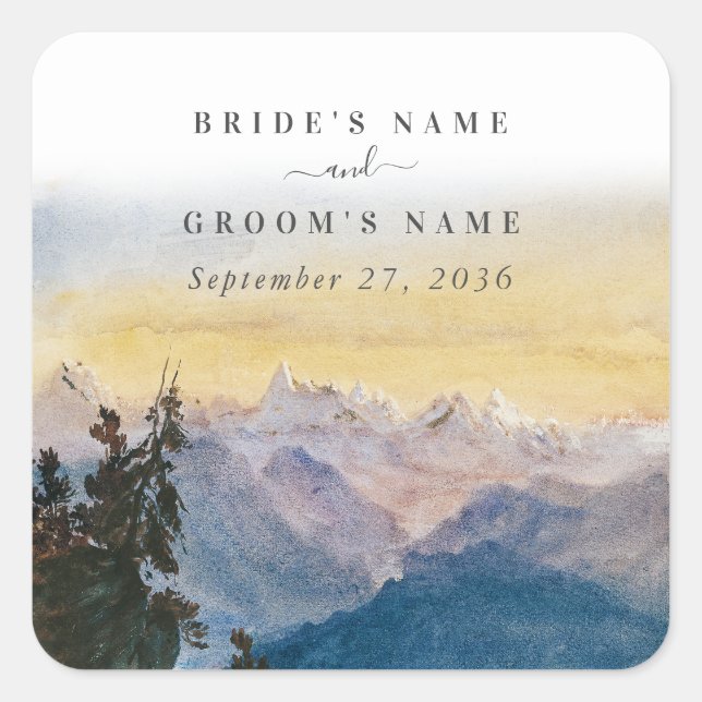 Watercolor Blue Mountains Pine Wedding Square Sticker (Front)