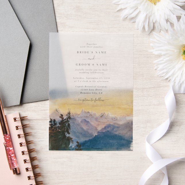 Watercolor Blue Mountains Pine Wedding Vellum Invitations (Wedding)