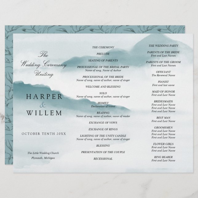 watercolor blue mountains tri-fold wedding program (Front/Back)