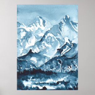Watercolor blue mountainscape, landscape poster