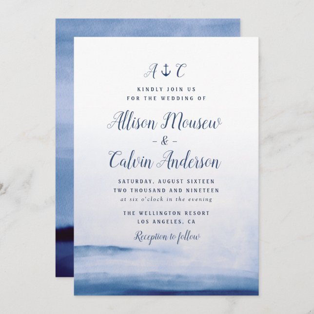 watercolor blue nautical anchor wedding invitation (Front/Back)
