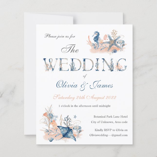 Watercolor blue nautical ocean wedding invitation (Front)