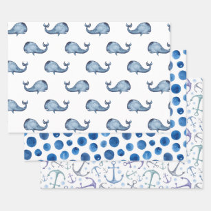 Watercolor blue nautical pattern. Whale, polka dot Wrapping Paper Sheet
