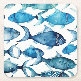 Watercolor Blue & Navy Fish   Coastal Ocean Drink Square Paper Coaster