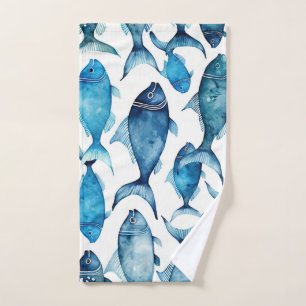 Watercolor blue navy fish pattern. Nautical animal Hand Towel
