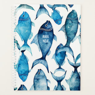 Watercolor blue navy fish pattern. Nautical animal Planner