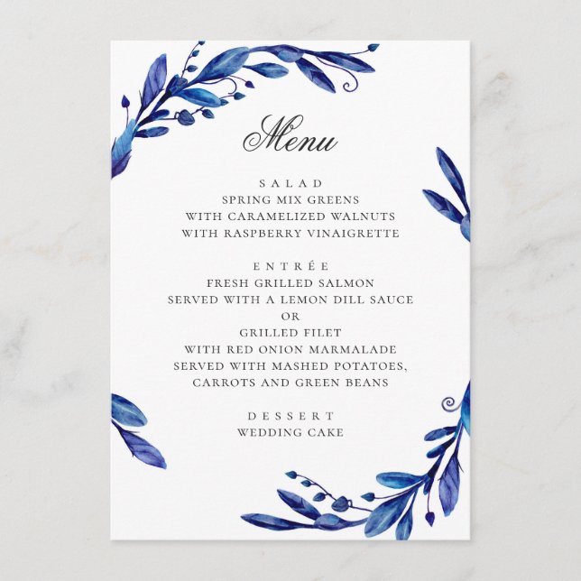 Watercolor blue navy floral foliage winter wedding menu (Front)