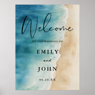 Watercolor Blue Ocean Beach Affiche de bienvenue d