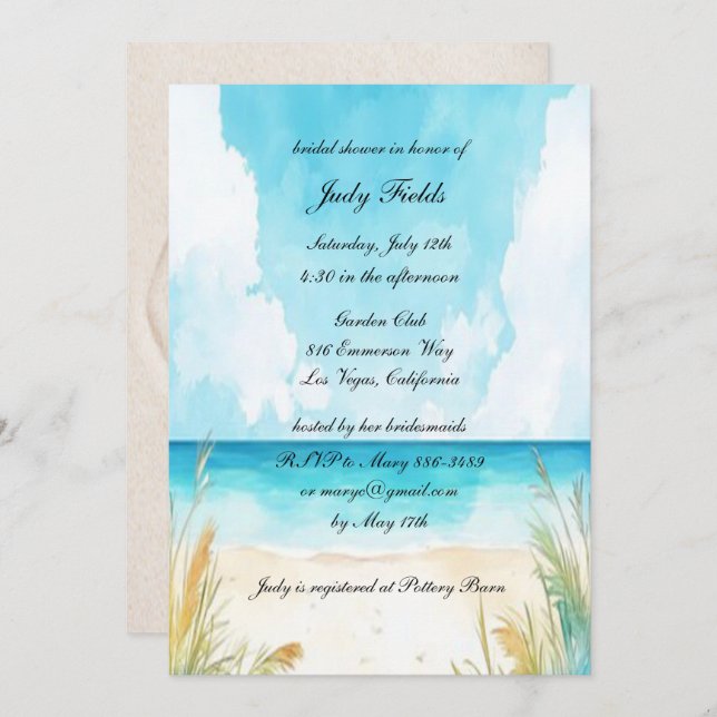 Watercolor Blue Ocean Beach Bridal Shower Invitation (Front/Back)