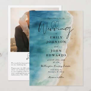 Watercolor Blue Ocean Beach Photo QR Code Wedding Invitation