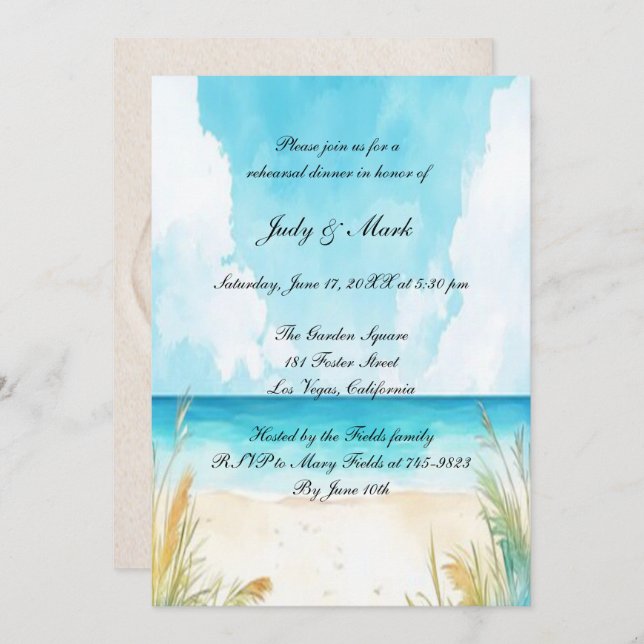 Watercolor Blue Ocean Beach Rehearsal Dinner Invitation (Front/Back)