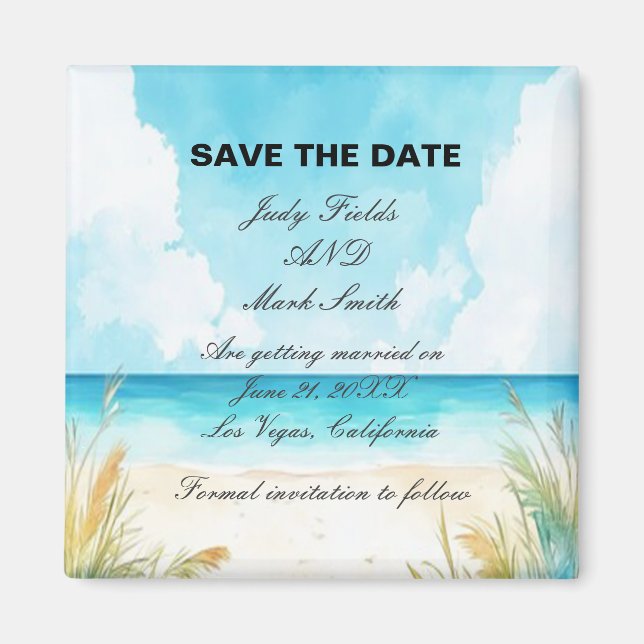 Watercolor Blue Ocean Beach Save The Date Magnet (Front)