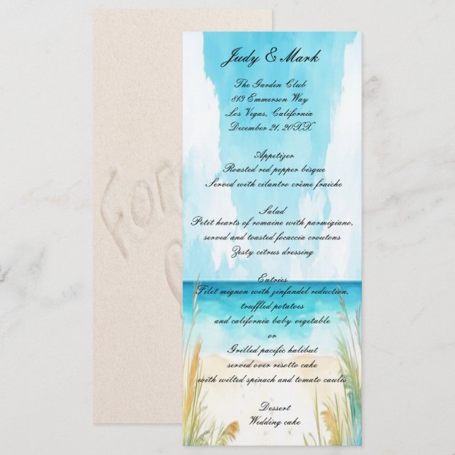 Watercolor Blue Ocean Beach Wedding Menu (Devant / Derrière)