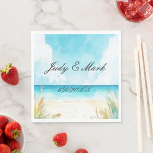 Watercolor Blue Ocean Beach Wedding Napkin