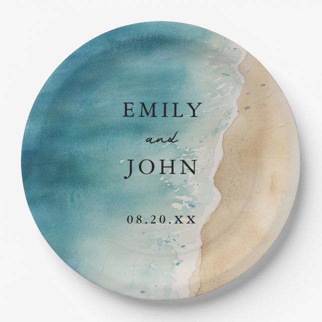 Watercolor Blue Ocean Sand Beach Wedding  Paper Plate (Front)