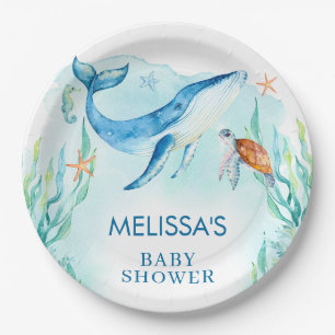 Watercolor Blue Ocean Under The Sea Baby Shower  Paper Plate