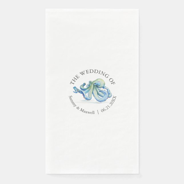 Watercolor Blue Octopus Beach Wedding Personalized Napkin (Front)