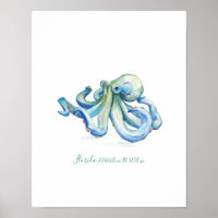 Watercolor Blue Octopus Map Coordinates